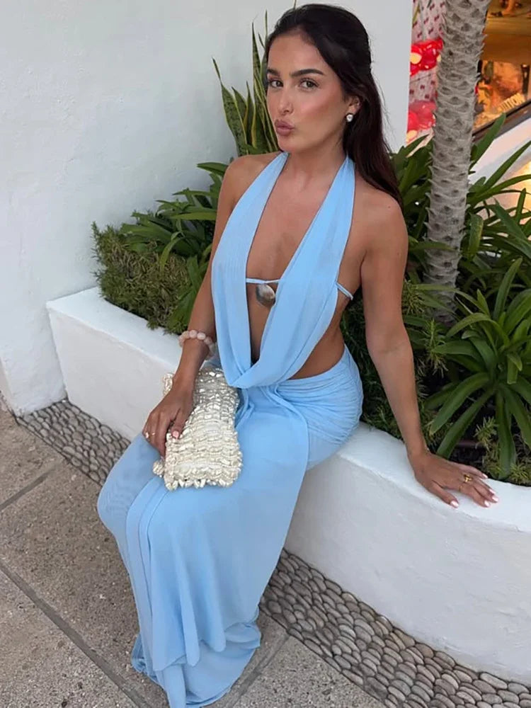 Sexy Dress Set Women Halter Crop Top And Maxi Skirt Matching Sets Female Elegant Beach Club Party Skirt Two Piece Set