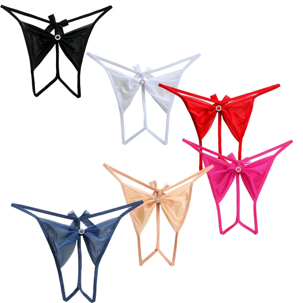 Women Sexy Rhinestone Panties Low Waist Bow G-strings Women's Hollow Out Seamless Panties Female Open Crotch Thongs Underpants