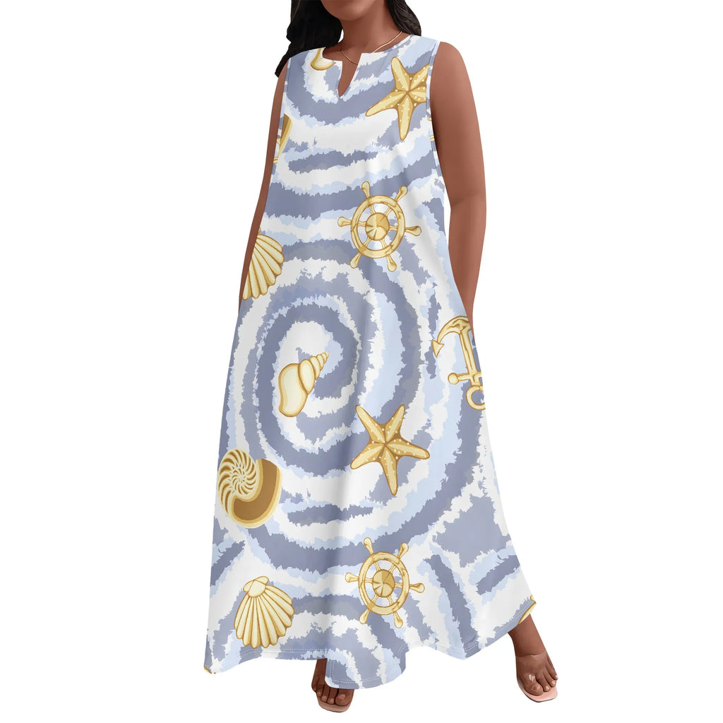 Plus Size Women's  Summerl Fashion Printed  African Style Sleeveless Round V Neck Dress Loose And Casual Dress