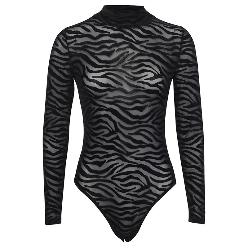 Shestyle Tiger Print Mesh Transparent Bodysuit Women Black Sexy Mock Neck Button Long Sleeve Spring Elastic Punk Body Slim