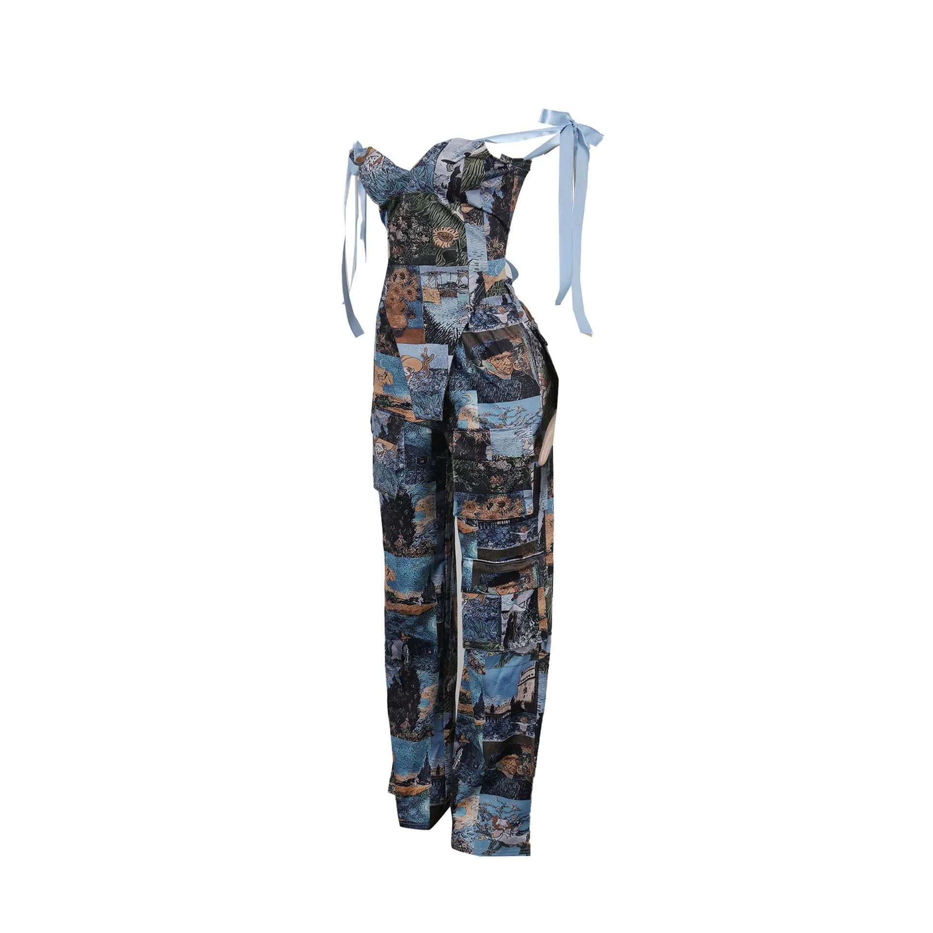 Two Pieces Women Pant Sets Print Matching Set Drawstring Pockets Sleeveless Top Elastic Waist Pants Slim Fit Casual 2026 Spring