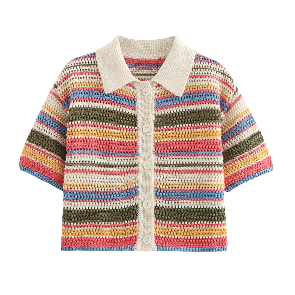 Women Patchwork Striped Hollow Out Crochet Knitted Crop Sweater Shorts Set Short Sleeve Polo Collar Sweater Knit Shorts Suit Y2K