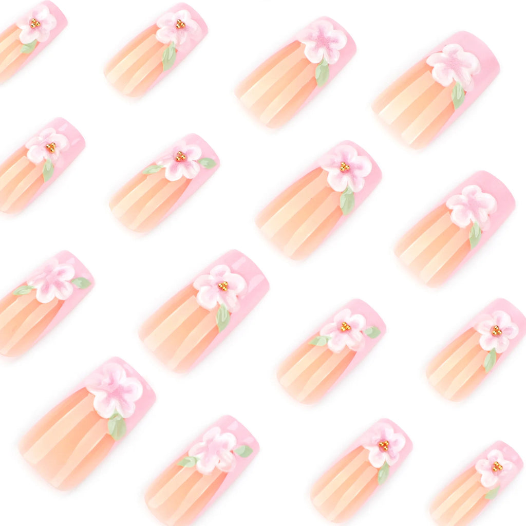 24Pcs Medium Coffin Square Fake Nail with Pink Flower Designs Wearable French Fashion False Nails Ballet Finished Stick on Nails