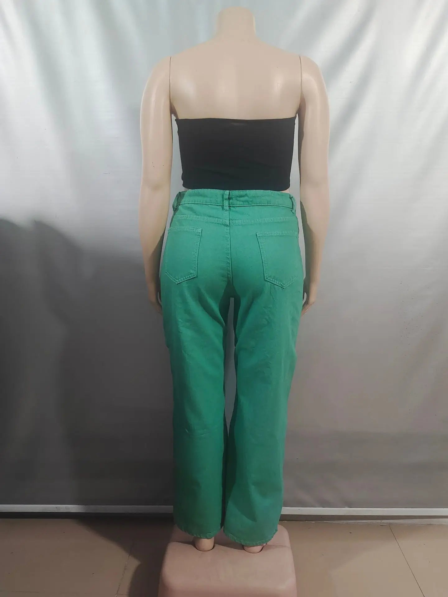 High Waist Green Ripped Chain Decoration Patchwork Wide Leg Denim Pants Women Fashion Casual Personality Trendy Long Trousers