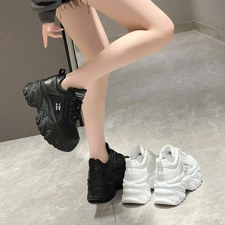 Women Shoes Trend White Black Chunky Sneakers Autumn Winter Thick Bottom Dad Shoes High Quality PU Leather Platform Sneakers New