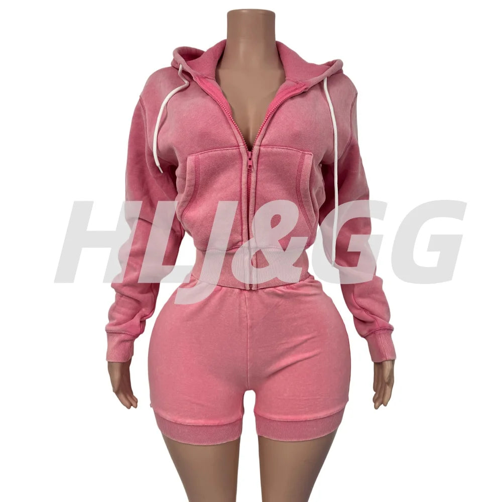 HLJ&GG High Quality Washed Casual Zip Hooded Two Piece Sets Women Long Sleeve Top+Biker Shorts Outfits Fashion Sporty Streetwear