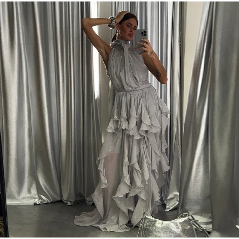Fashion Halter Ruffle Long Dress Women Chiffon Sleeveless Ruffled Tiered Waist Cinching Party Dresses Lady Holiday Y2K Chic Robe