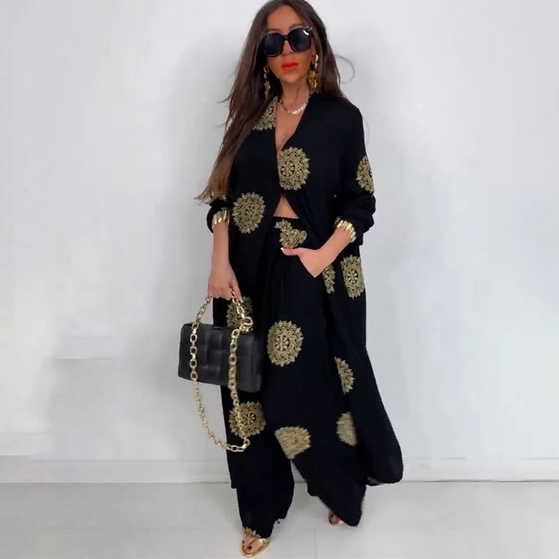 Eid Muslim Suits Women Print Blouses Wide Leg Pants Set Two Piece Musulman Ensemble Dubai Arabic Morocco Islam Casual Ramadan