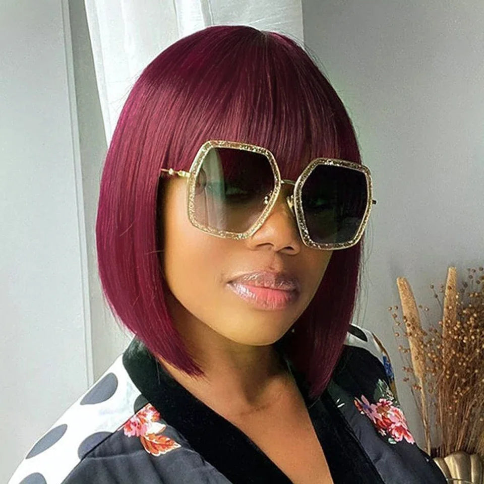 Orange Blonde Short Cut Straight Bob Wigs Rebecca With Bangs Red 99J Human Hair Brazilian Straight Machine Made Human Hair Wigs