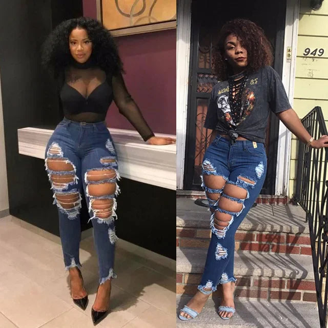 Hole Jeans Women Denim Pencil Pants Streetwear Washed Skinny Stretch High Waist Distressed Ripped Ankle Length Trousers 2025