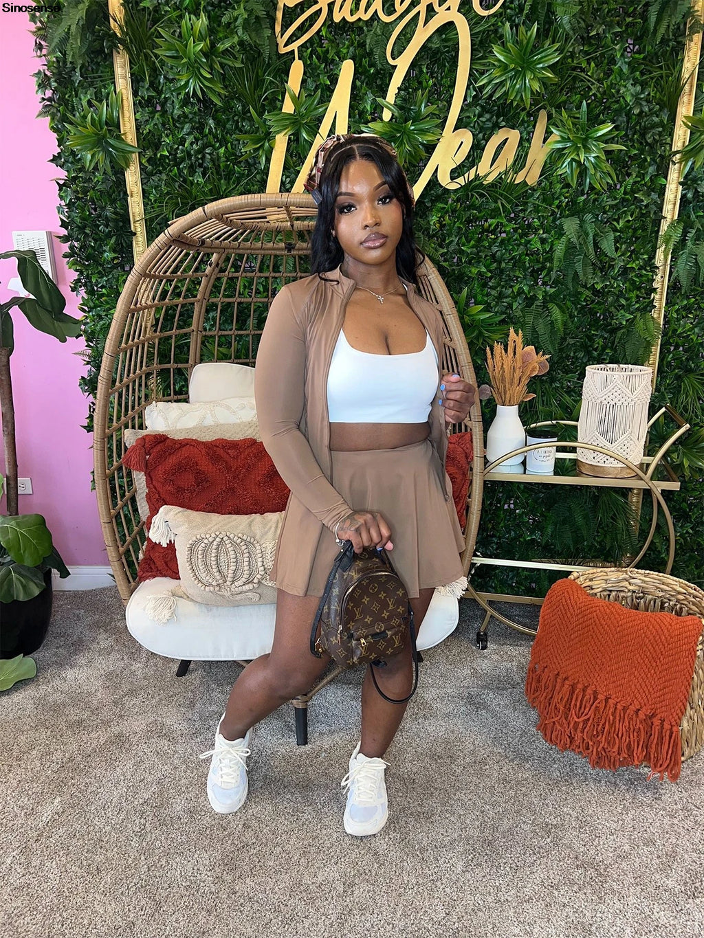 Womens Casual Sports 2 Piece Outfits Long Sleeve Zip Up Jacket Mini Skirt With Shorts Sets Daily Wear Going Out Athletic Outfits