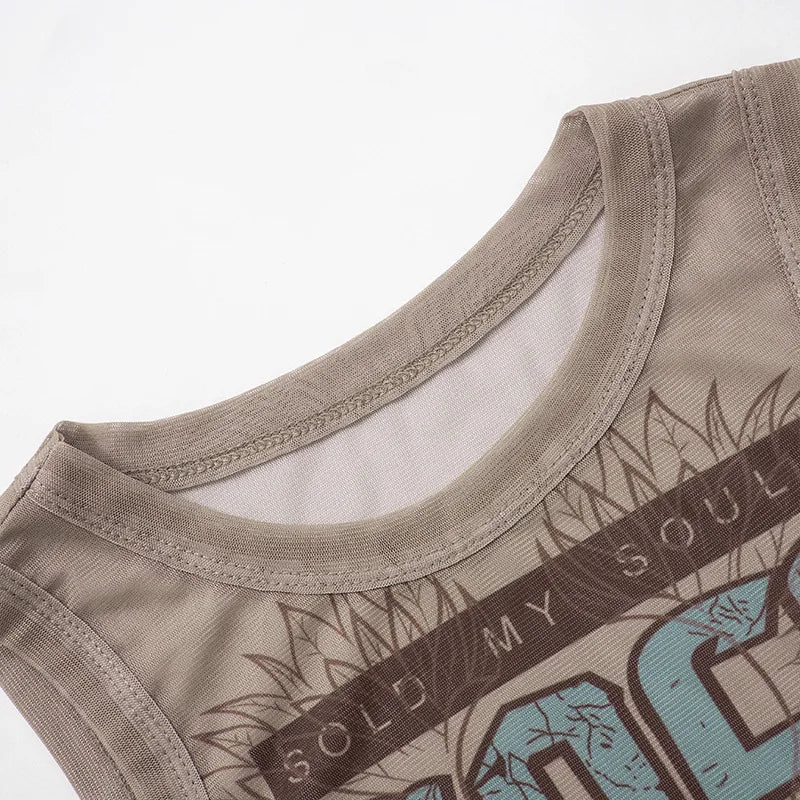 HLJ&GG Y2K Fashion Mesh Letter Printing Tank Top 3 Piece Sets Women Sleeveless Slim Vest And Denim Shorts Outfit With Chain 2025