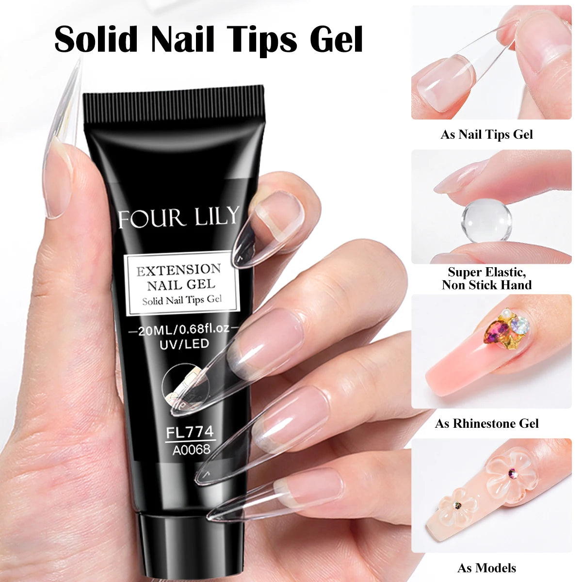 20ml Solid Nail Nail Tips Gel for Press On Nails, Adhesive 3 in 1 Nail Gel for Fake Nails, Super Strong Acrylic Nail Gel