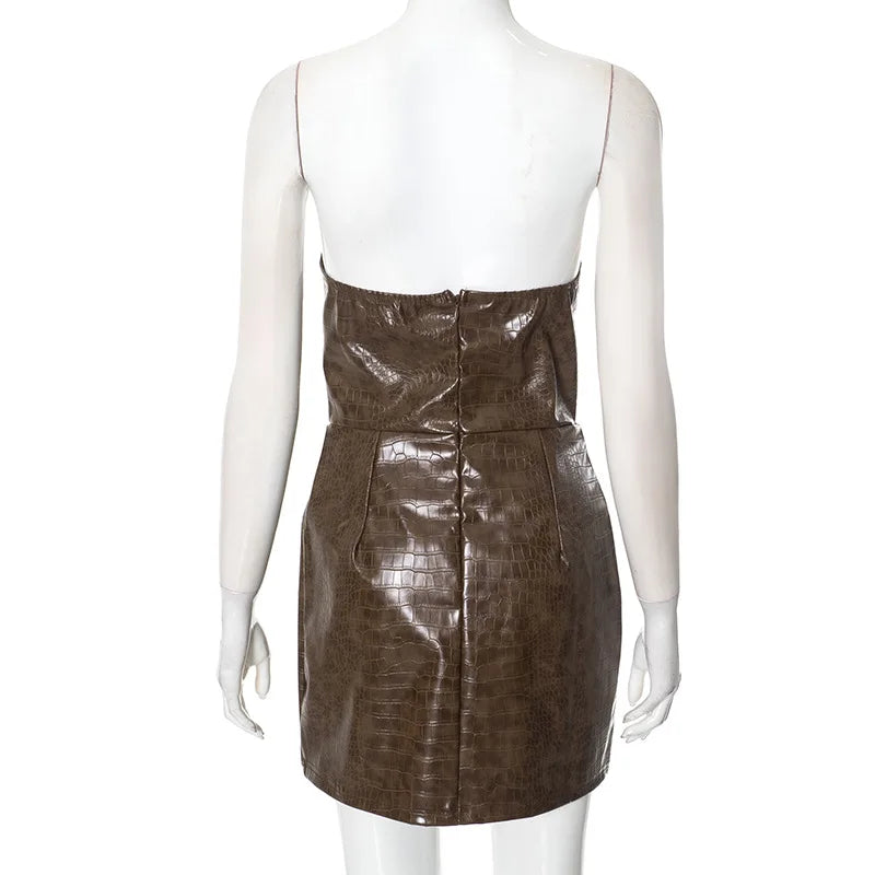 Nsauye New Elegant Sexy Fashion Leather Strapless Women Dress Night Club Evening Party Short Bodycon High Waisted Dress 2025