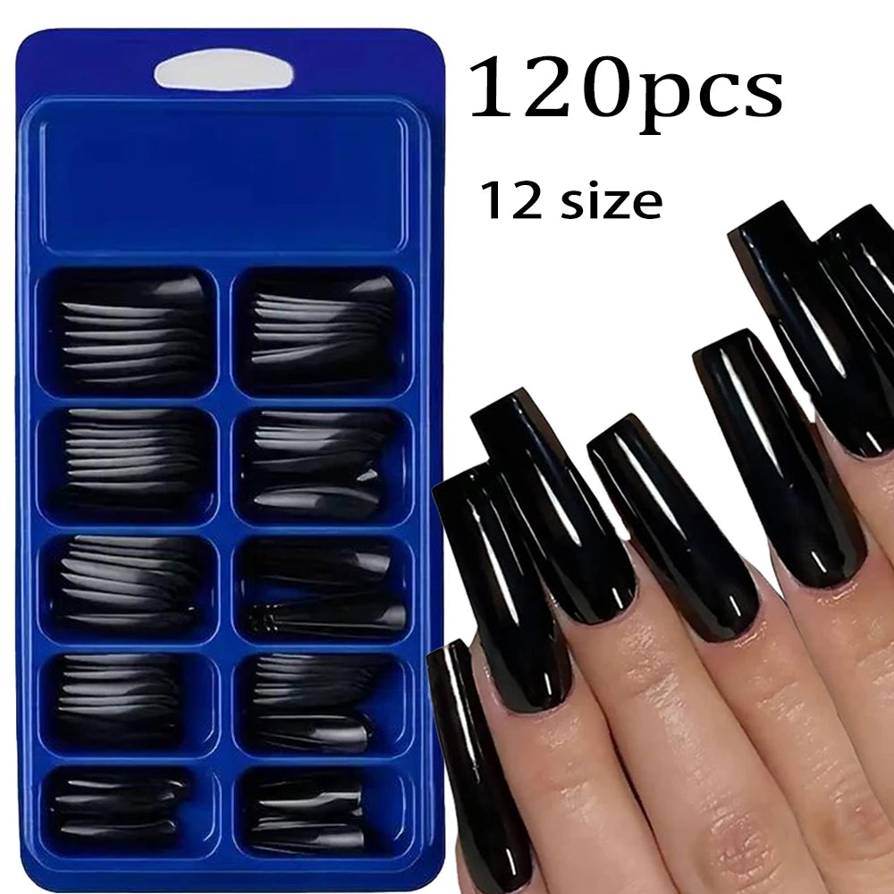 120pcs Long Coffin Press-On Nails Black Glossy Full Cover Acrylic False Nail Tips Wearable Fake Nails Tip for Manicure Extension
