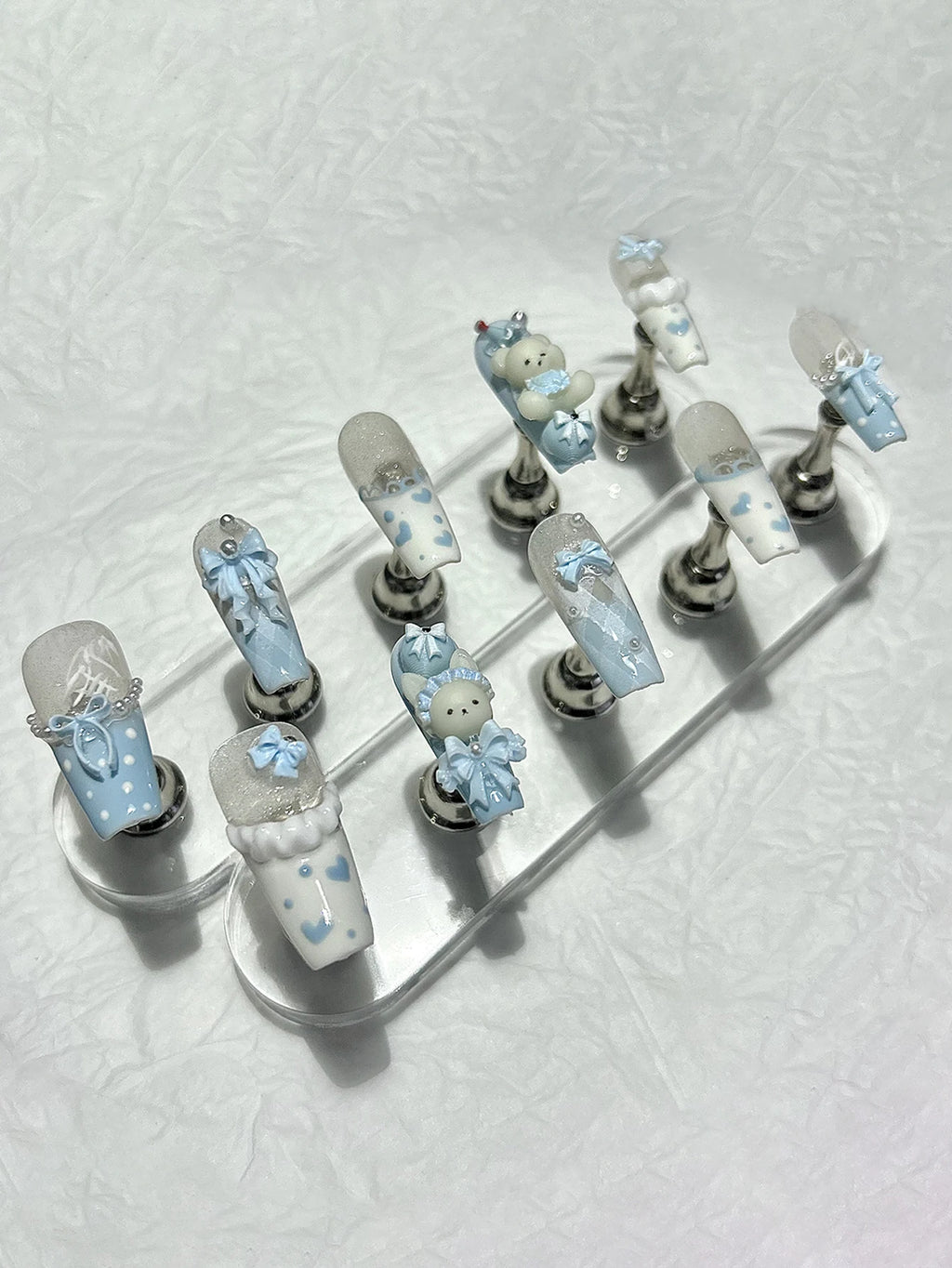10PCS Kawaii 3D Bow Teddy French Handmade Press On Nails Cute Blue Bunny Long Fake Nails Pearls Heart Polka Dot Girl Nail Art