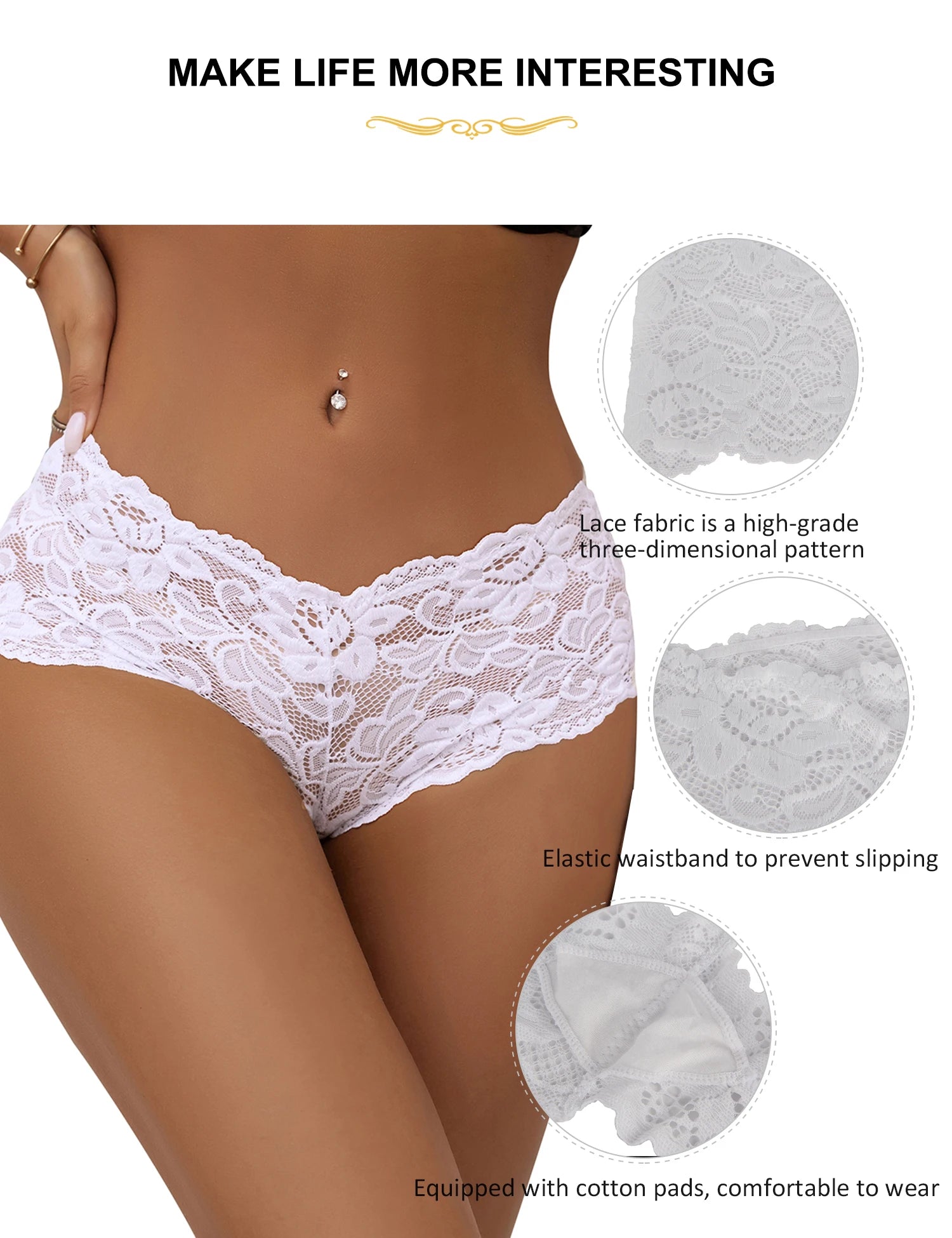 Comeondear Sexy Briefs Panties Women Floral Lace White High Waist Stretch Short Sexy Underwear Comfortable 6XL Plus Size Panties