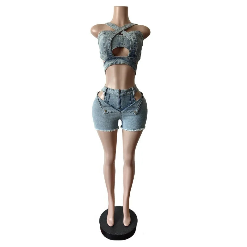 FAGADOER Summer New Sexy Denim 2 Piece Sets Woman Outfit  Y2k Streetwear Spaghetti Strap Sleeveless Crop Top and Shorts Suit