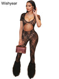 Sexy V-Neck Short Sleeve Hollow Out Night Club Party Rompers Women Hot Girl Evening Jumpsuit See Through Lace One Pieces Outfits