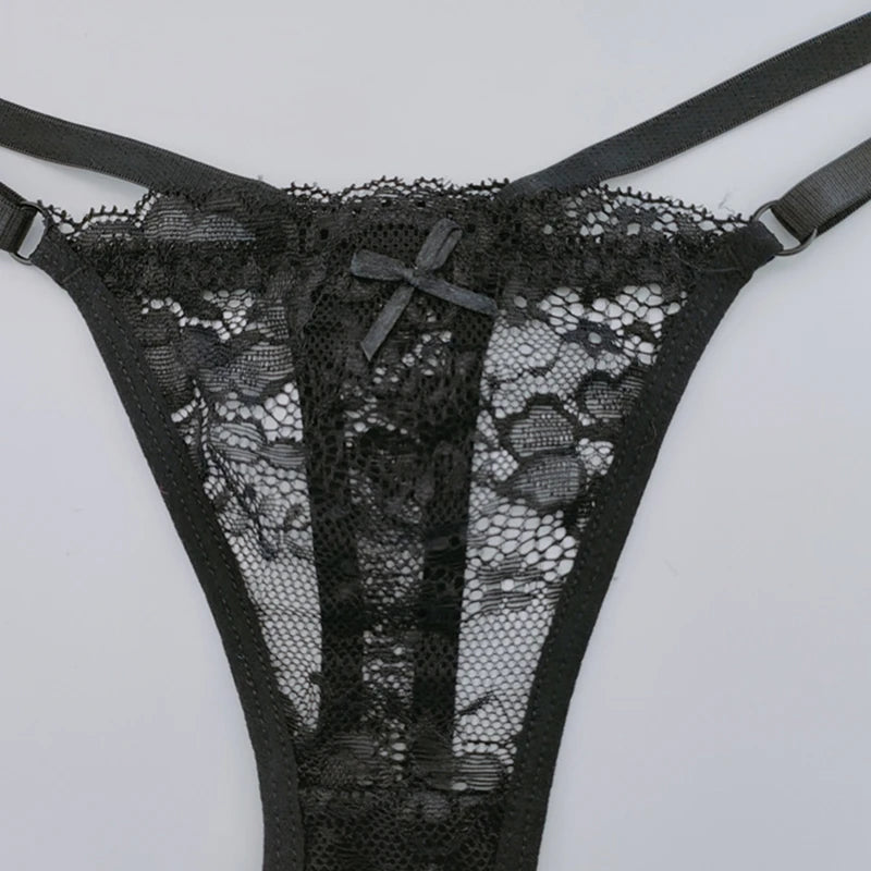 Solid Floral Lace Sexy Panties Ladies Low Waist Bow T-back Thong Adjustable Thin Belt Underwear Hollow See-through Lingerie 3PCS