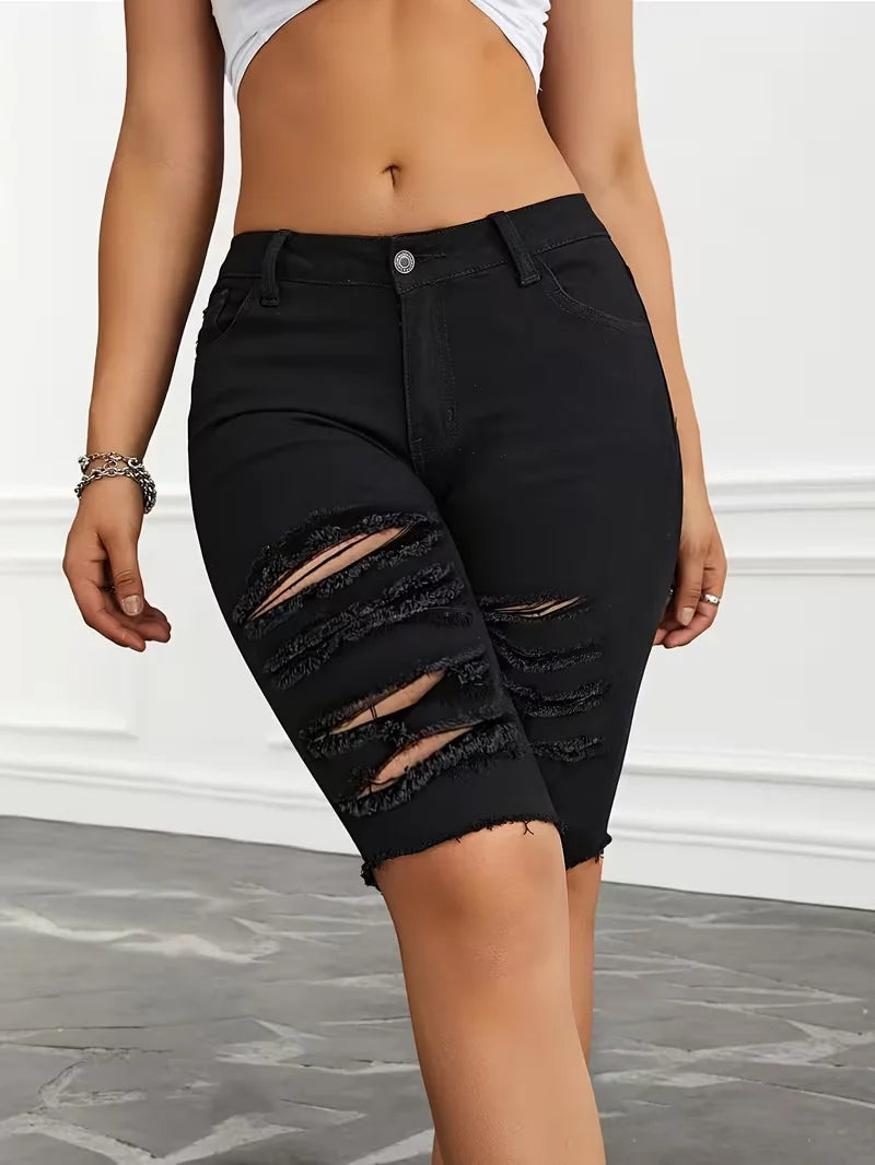 Ripped Skinny White Denim Shorts Women Sexy Slim Elastic Hip Hop Hole Short Jeans Female Fashion Y2K Street Knee-length Pants