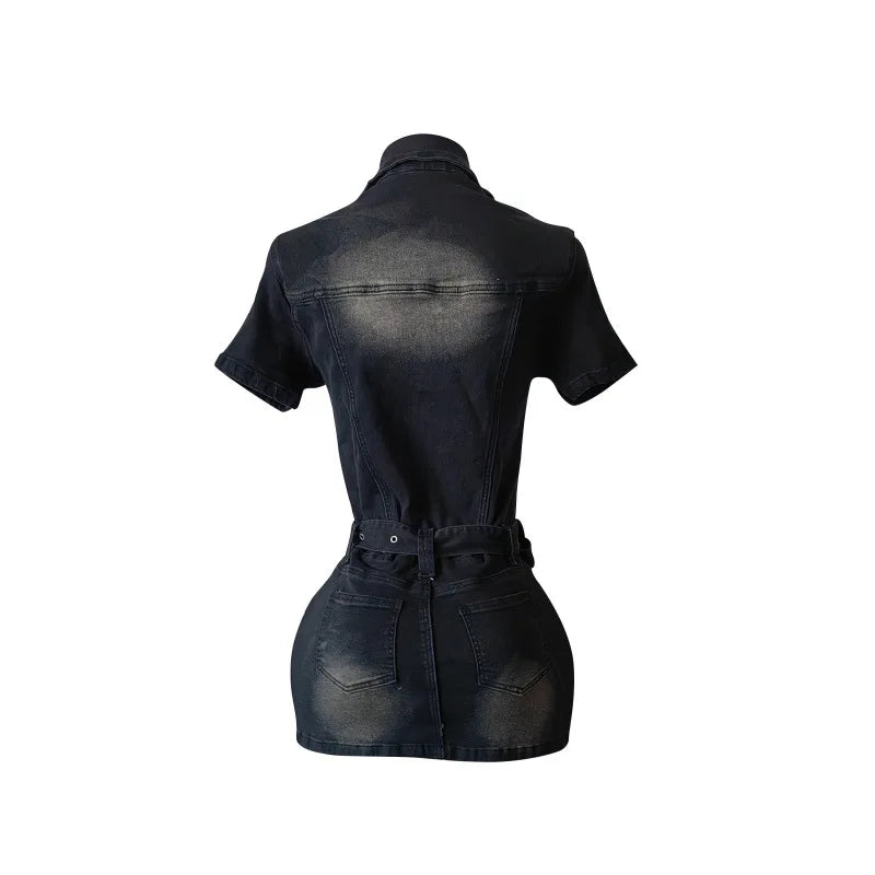 HLJ Fashion Denim Bodycon Mini Dresses Women V Neck Short Sleeve Slim Vestidos Summer New Cowboy Stretchy Streetwear Dress 2025