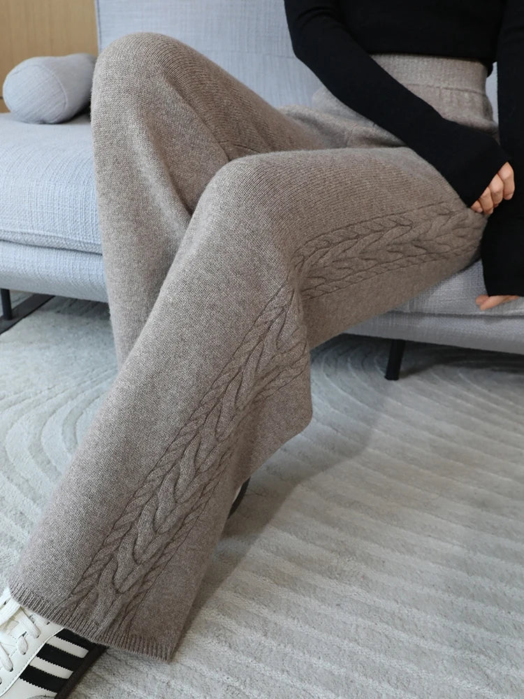 100% Merino Wool Wide Leg Pants Women's Elastic Waist Twist Flower Jacquard Trousers Autumn Winter Soft Solid Knitted Wool Pants