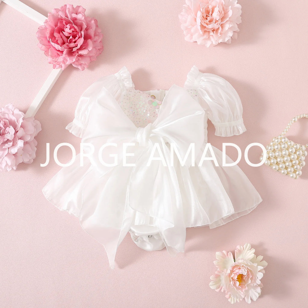 New Summer Bodysuit for Baby Girl Square Collar Sequined Large Bow Sleeveless Princess Jumpsuit Newborn Sweet Romper H1518