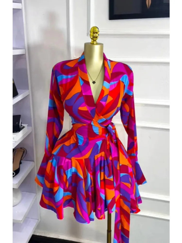 Elegant Women Tie Dye Print Flare Long Sleeve Wrap V-neck with Sashes Ruffle Dress 2026 Elegant Vacation Party Birthday Dresses