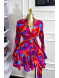 Elegant Women Tie Dye Print Flare Long Sleeve Wrap V-neck with Sashes Ruffle Dress 2026 Elegant Vacation Party Birthday Dresses