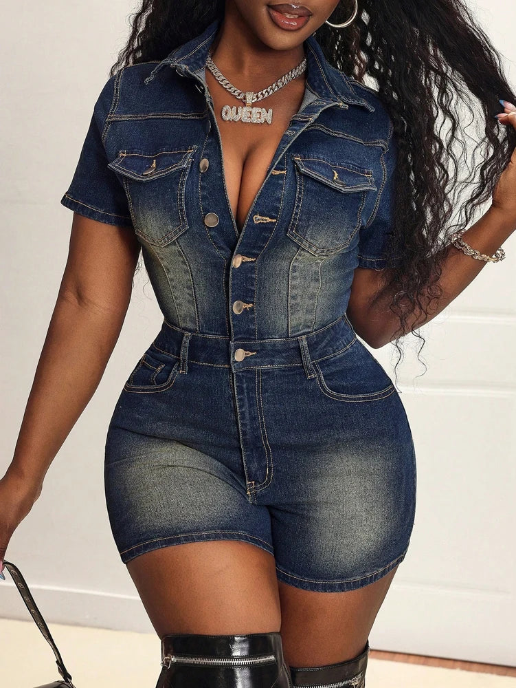 Sexy Denim One Pieces Bodycon Rompers Womens Streetwear Y2k Club Fashion Outfits Pockets Button Washed Jean Shorts Jumpsuit