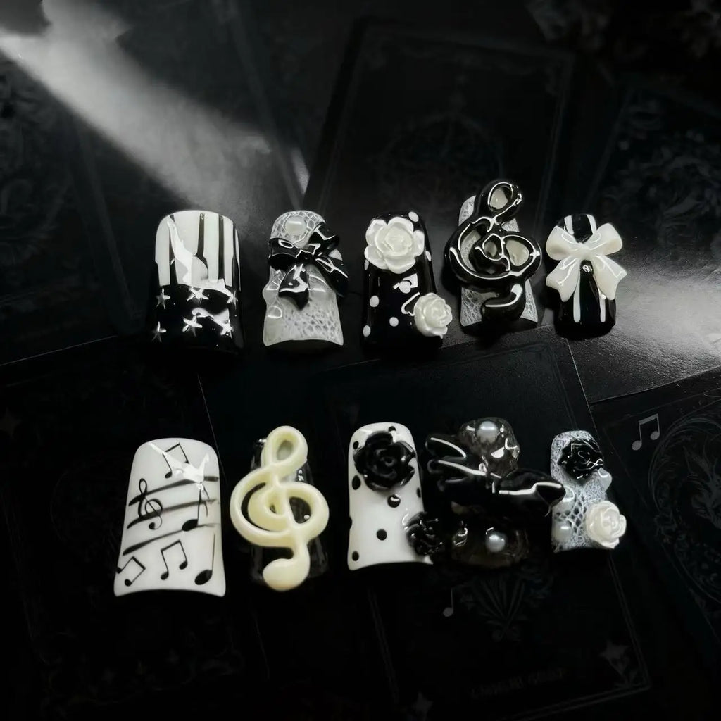 10pcs Handmade Gothic Press on Nails Punk Dark 3D Musical Note Design False Nails Fashion Duckbilled French Fake Nail Tips
