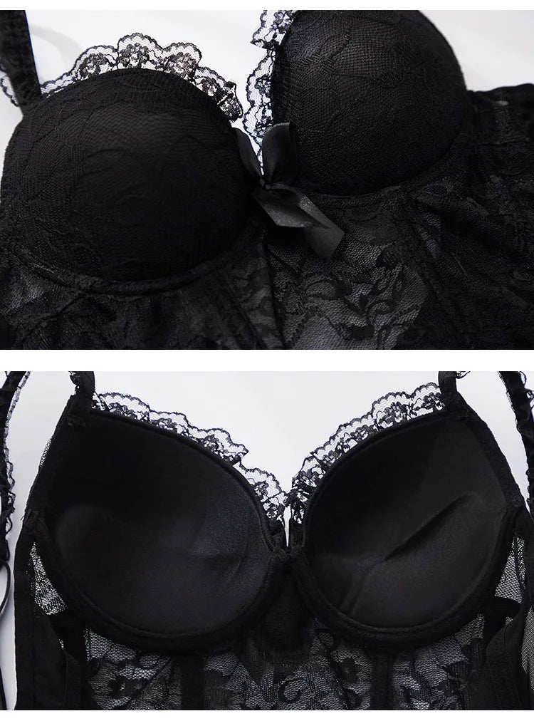 Meet'r Women Sexy Lace Corset Elasticity Temptation Body Bustier Underwear Push Up Slim Garter Belts Suit Breathable Lingerie