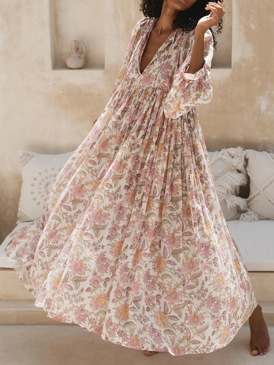Women Floral Maxi Dress Y2k Boho Printed 3/4 Lantern Sleeve V Neck Dress Holiday Beach Loose Swing Sundress Party Clubwear
