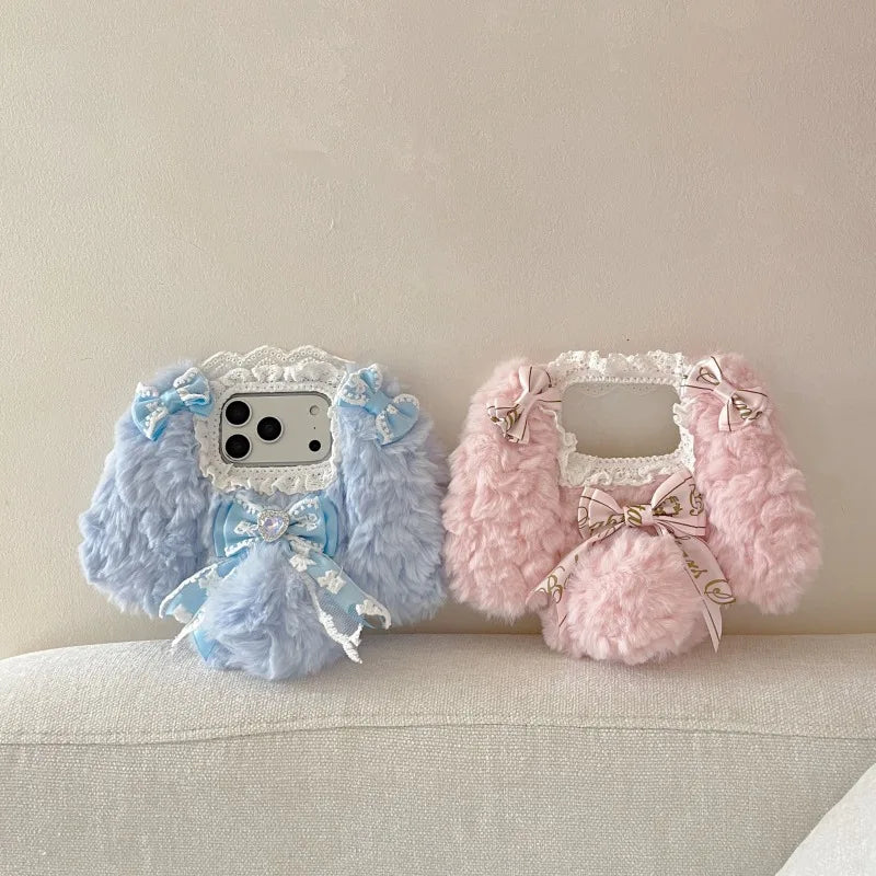 Plush Cute pink blue rabbit  Phone Case for IPhone17 16 15 14 13 Pro Max Soft Silicone Warm Fur Anti-drop luxury Back Cover