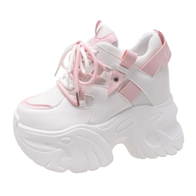 10.5CM Women Platform Sneakers Lace-up Autumn Sports Dad Shoes High Top Chunky Casual Shoes Woman Thick Bottom Mesh White Shoes