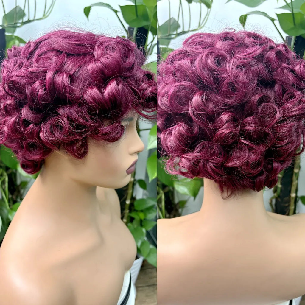 Full Machine Made Loose Wavy Bob Wig Human Hair Wigs 220% Short Colored Bouncy Curly Gluelesss Human Hair Wigs with Bangs