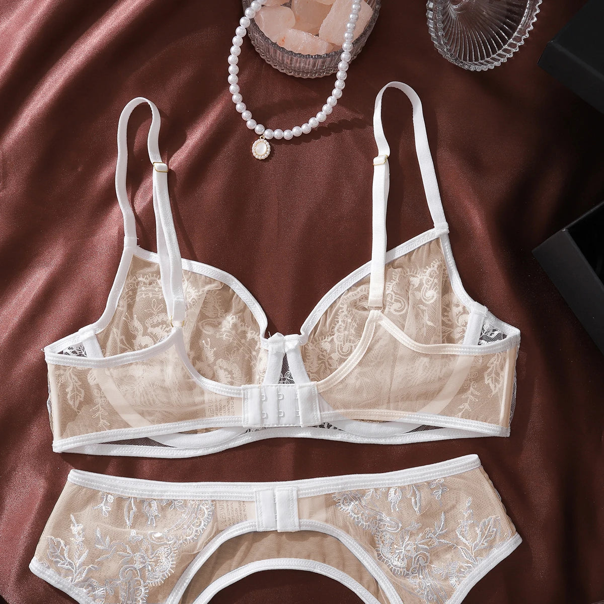 MUZISKAT 4 Piece Set Flower Embroidery Underwear Set For Women Solid Color Mesh See-through Sexy Lace Garters Underwear Set New