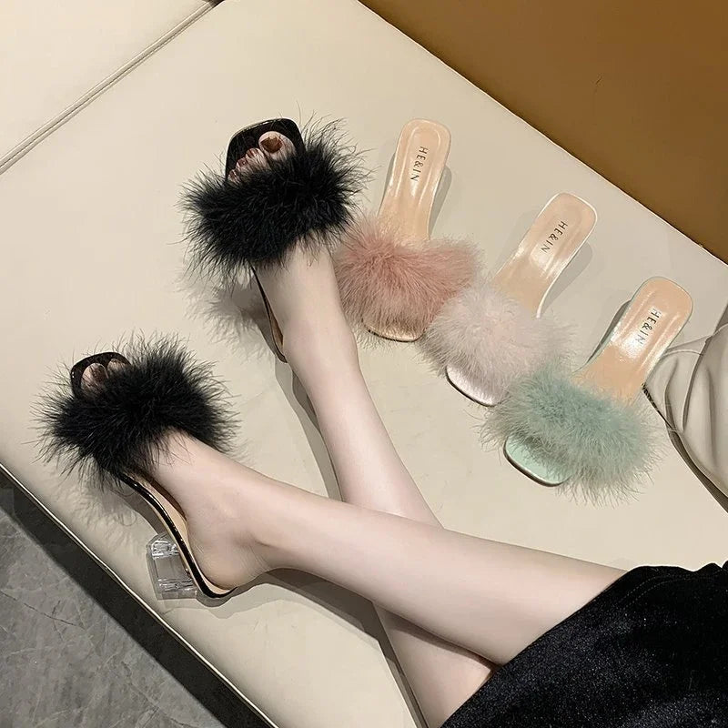 Fashion Slippers Women's Summer New Open Toe Plush Fox Fur Chunky with Flip Flops Sexy Home Banquet Square Toe Simple Pumps