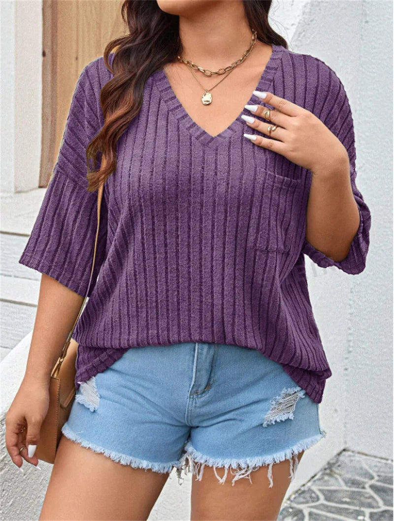 GIBSIE Plus Size Drop 3/4 Sleeve Loose Rib-knit T Shirt Women Summer 2025 Solid Color V-Neck Pocket Casual Female Tops Tees