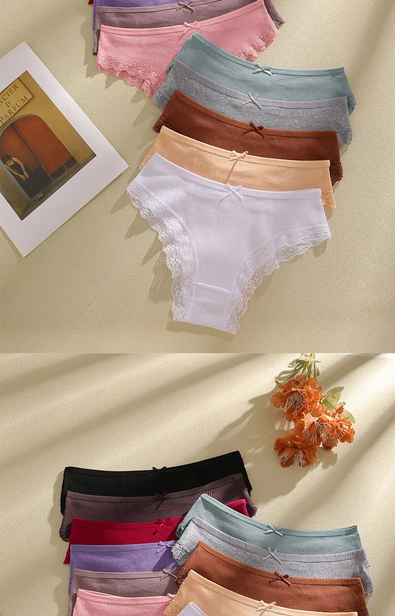 FINETOO 6Pcs/Set Women Cotton Panties Floral Lace Intimate Underwears M-XXL Trendy Patchwork Lace Briefs Female Soft Underpants