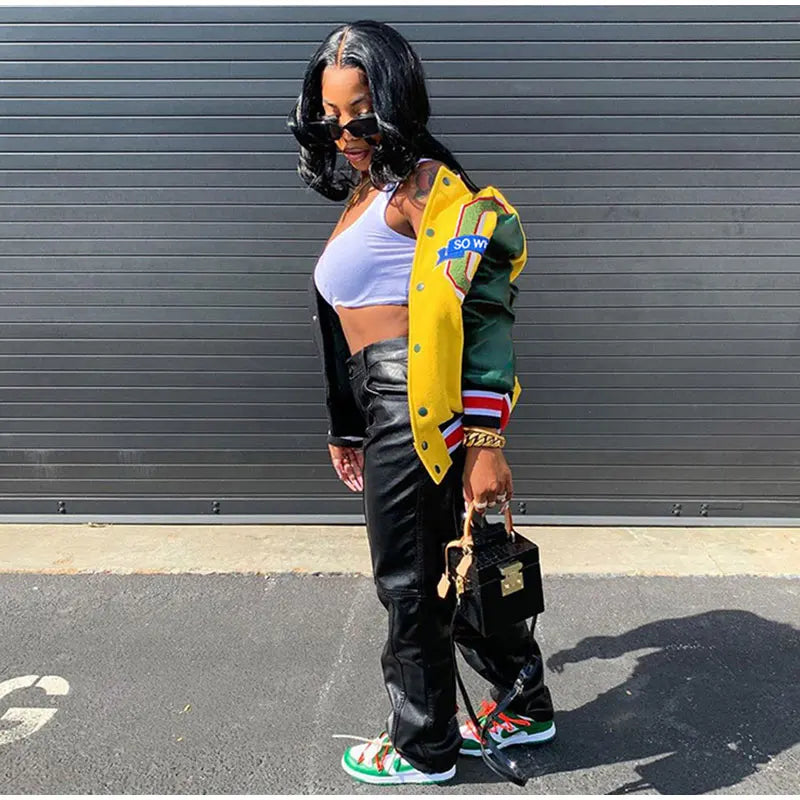 Women Patchwork Contrast Color Letter Embroidery Jackets 2025 Fashion Single Breasted Coat Female Full Sleeve Streetwear XS-4XL