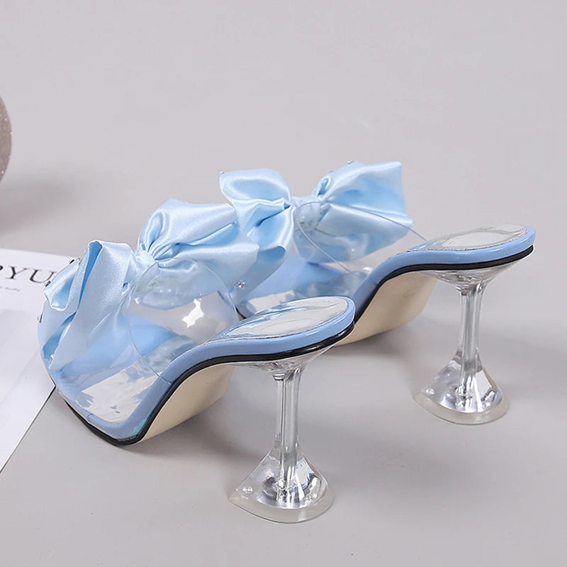2025 New Fashion Crystal Bow High Heels Slippers Shoes Woman Sexy PVC Transparent Sandals Women Slides Open Toe Pumps Blue Black