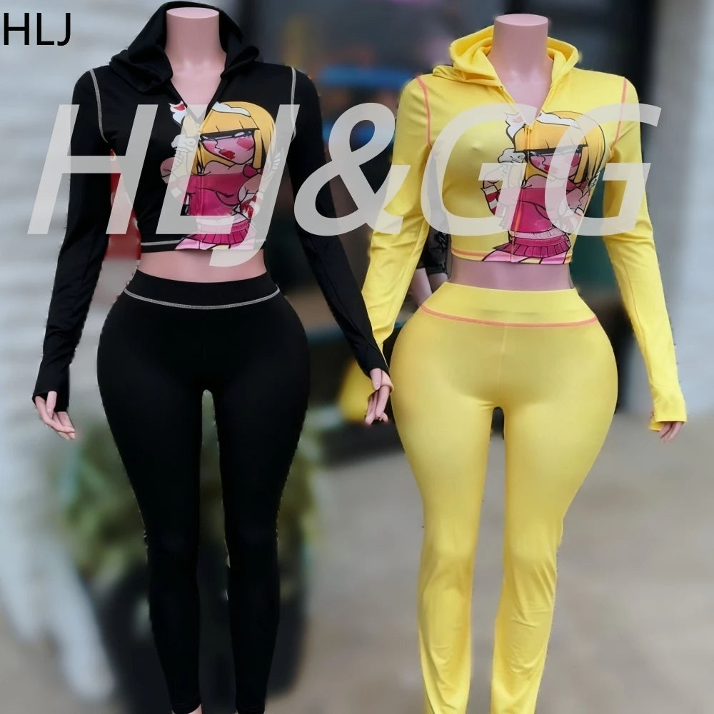 HLJ Y2K Trend Fashion Pattern Print Hooded Two Piece Sets Women Zip Long Sleeve Slim Crop Top + Skinny Pants Outfits Streetwear