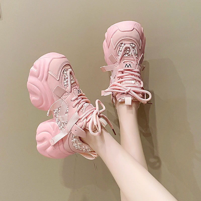 7CM Fashion Spring Autumn Sneakers Women Lace Up Chunky Platform Sports Dad Shoes Woman Comfort Casual Shoes Zapatillas Mujer