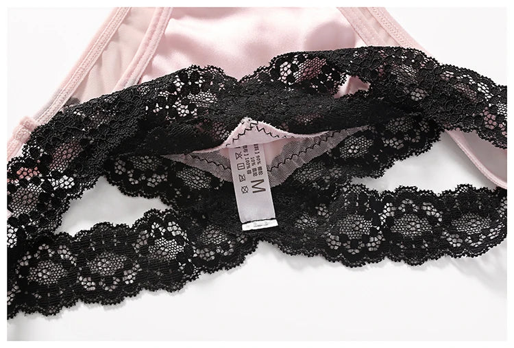 Meet'r Sexy Tempting Underwear Panties Lingerie French Satin Lace Ice Silk Transparent Knit Low Waist Triangle Briefs for Women