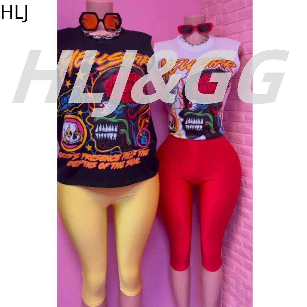 HLJ Fashion Y2K Pattern Print Two Piece Sets Women Round Neck Sleeveless Top+Skinny Shorts Outfits Trend Female 2pcs Streetwear