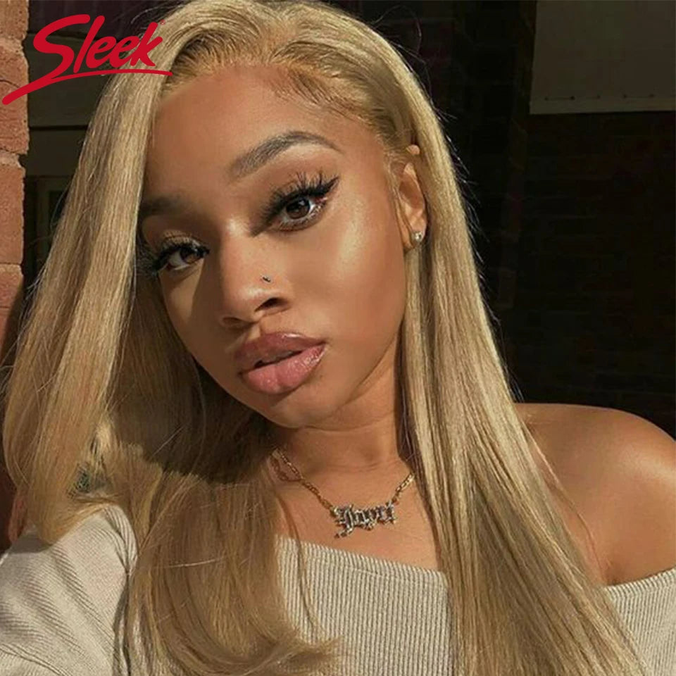 Sleek 28 Inch Gold Blonde Colored Human Hair Wigs 13X6X1Lace Front Brazilian Hair Wigs 100% Real Ready To Wear Cosplay Lace Wig