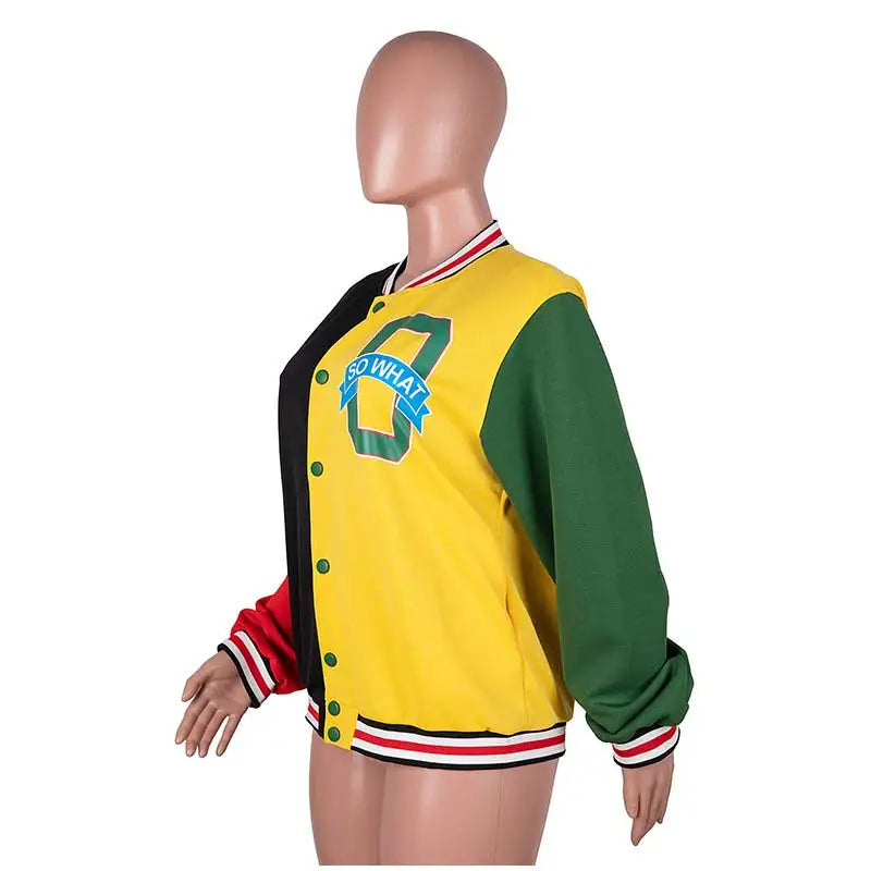 Women Patchwork Contrast Color Letter Embroidery Jackets 2025 Fashion Single Breasted Coat Female Full Sleeve Streetwear XS-4XL