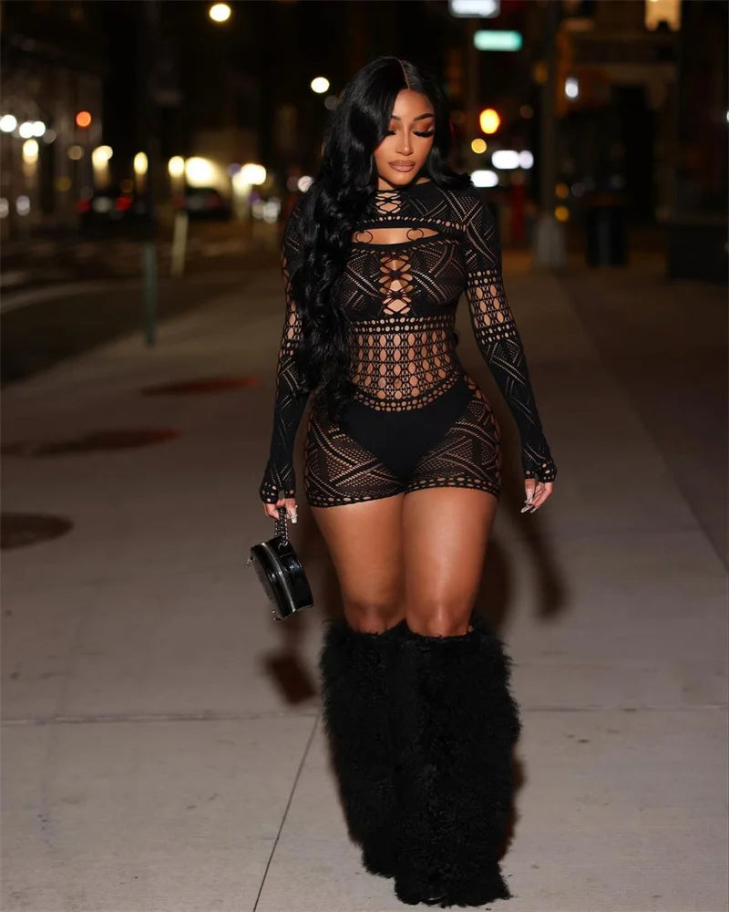 Sexy See Through Mesh Playsuit Women Rompers Long Sleeve Hollow Out Skinny Night Club Outfit One Pieces Jumpsuit Shorts Bodysuit